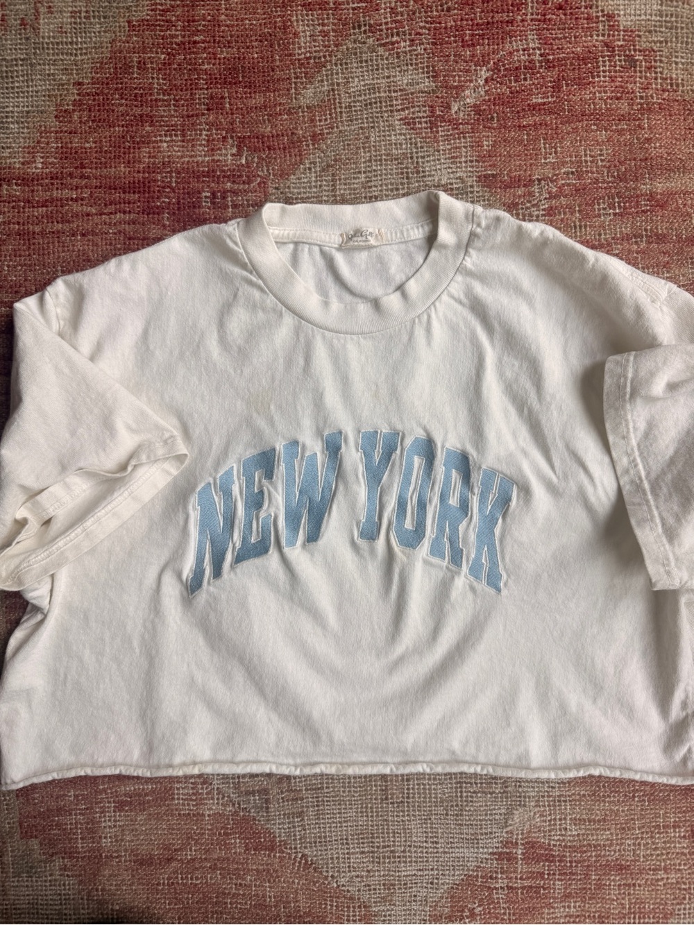 Brandy Melville White Crop Tee with Light Blue "New York" Applique